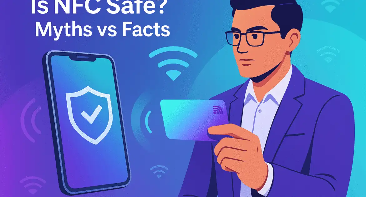 Illustration of a professional holding an NFC card beside a phone showing a security shield