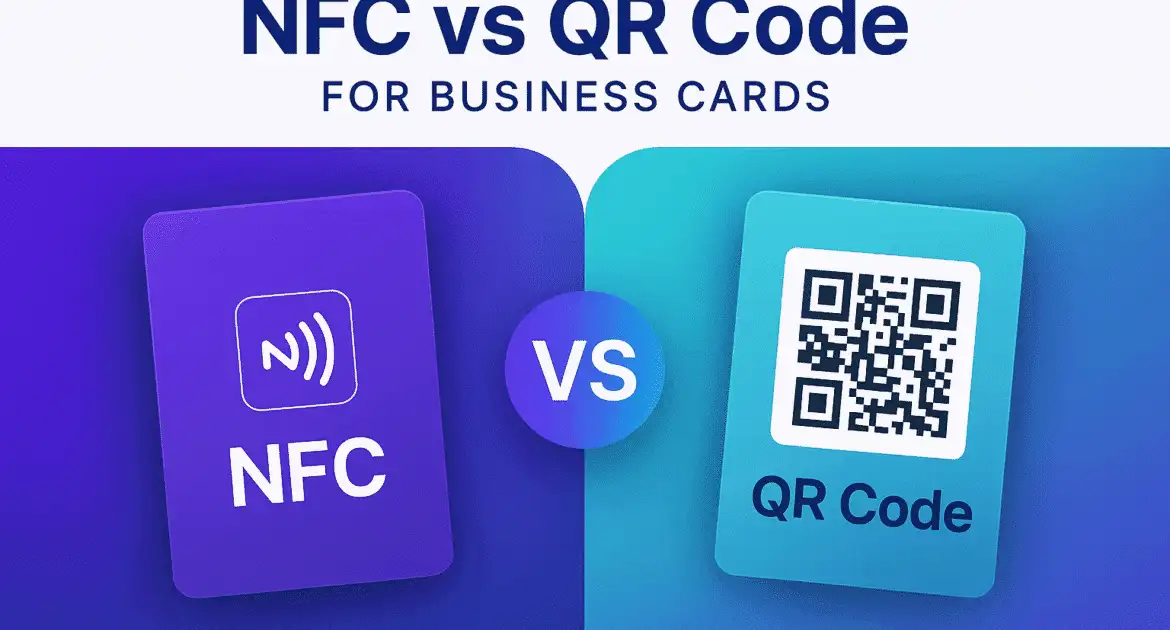 An NFC card and a QR code card side by side, the two ways a phone can open a profile